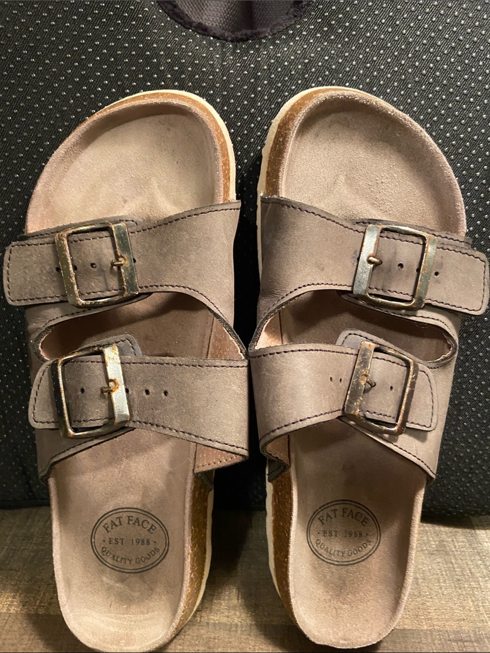 Fat Face Double Buckle Slides in Taupe Brown